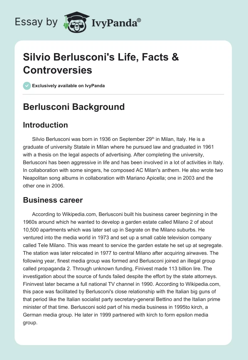 Silvio Berlusconi's Life, Facts & Controversies. Page 1