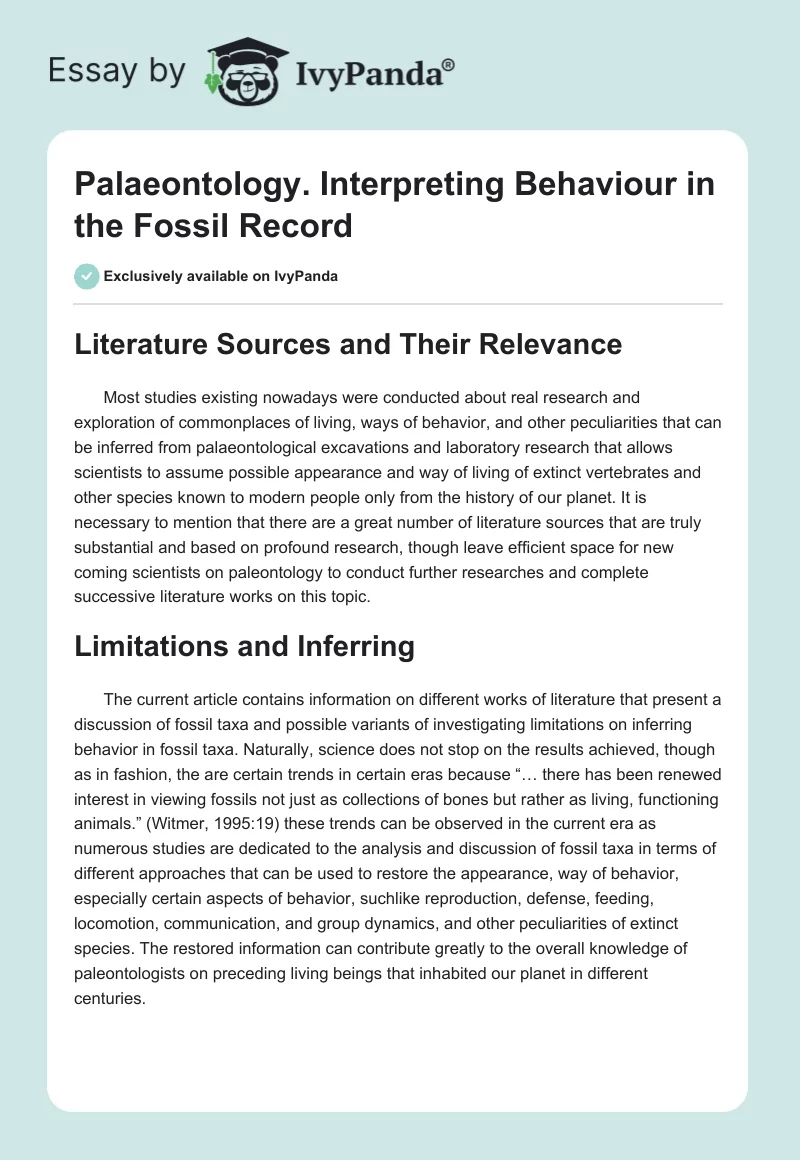 Palaeontology. Interpreting Behaviour in the Fossil Record. Page 1