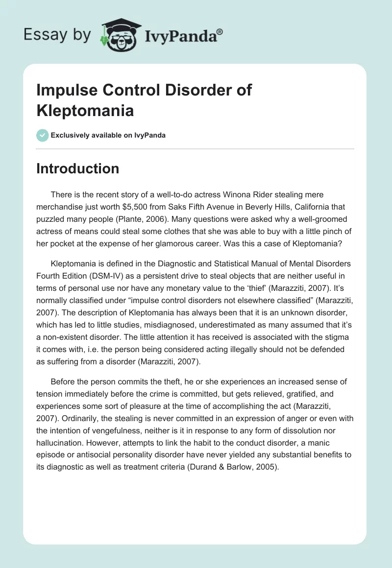 Impulse Control Disorder of Kleptomania. Page 1