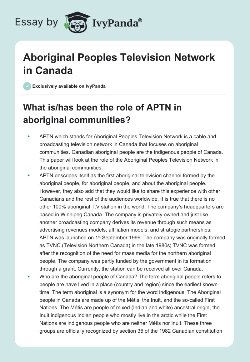 Aboriginal Peoples Television Network in Canada. Page 1