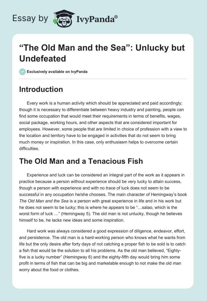 “The Old Man and the Sea”: Unlucky but Undefeated. Page 1