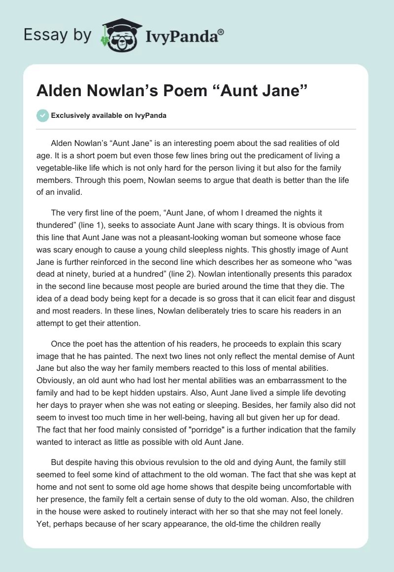 Alden Nowlan’s Poem “Aunt Jane”. Page 1