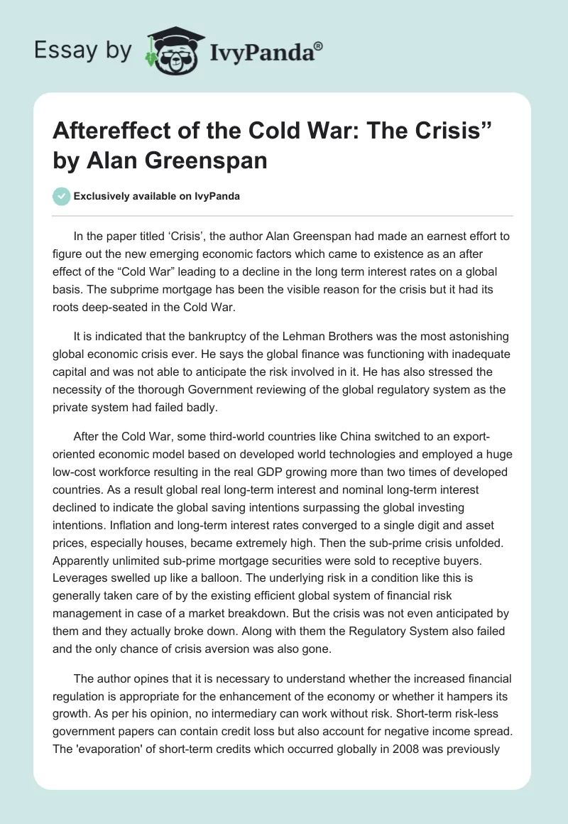Aftereffect of the Cold War: "The Crisis” by Alan Greenspan. Page 1