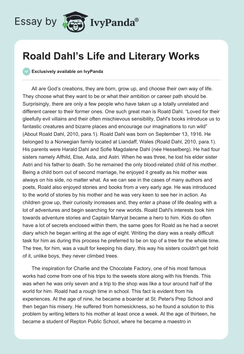 Roald Dahl’s Life and Literary Works. Page 1