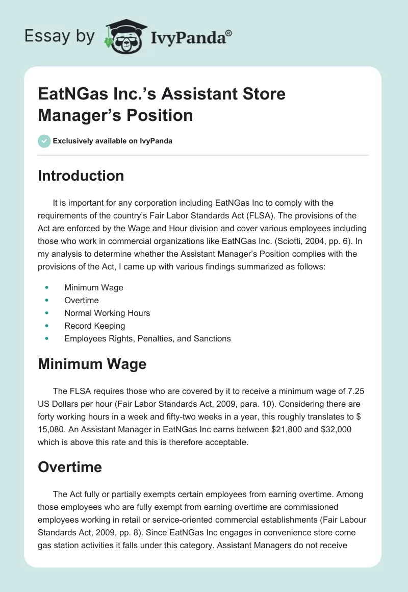 EatNGas Inc.’s Assistant Store Manager’s Position. Page 1