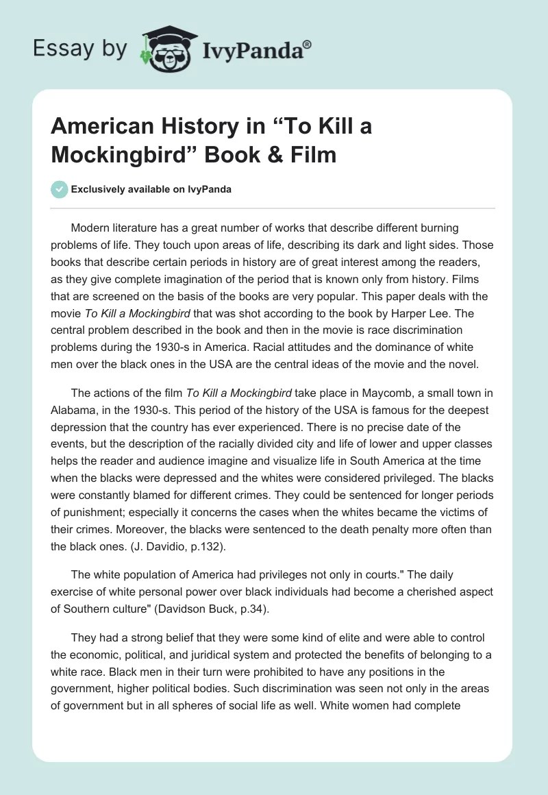 American History in “To Kill a Mockingbird” Book & Film. Page 1