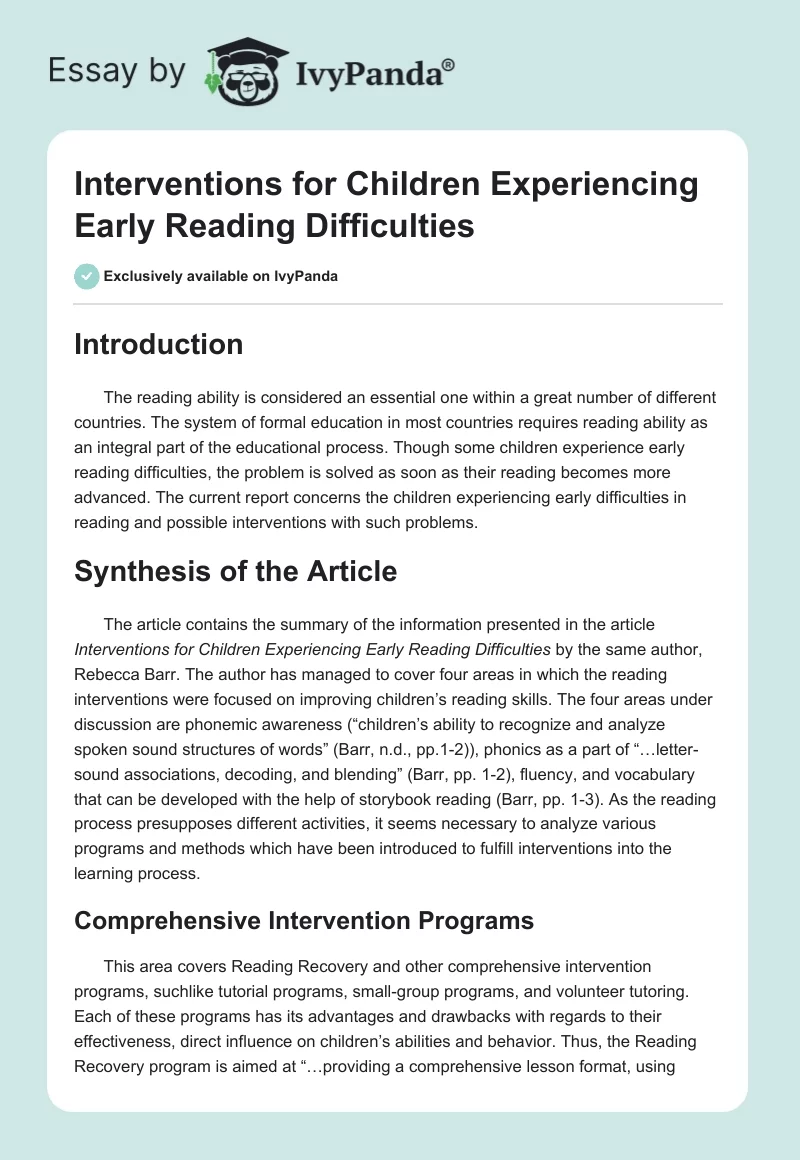Interventions for Children Experiencing Early Reading Difficulties. Page 1