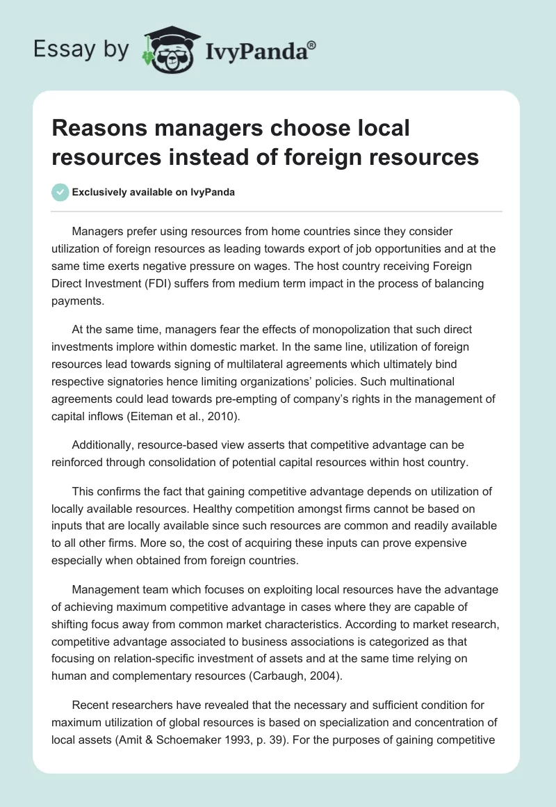 Reasons managers choose local resources instead of foreign resources. Page 1