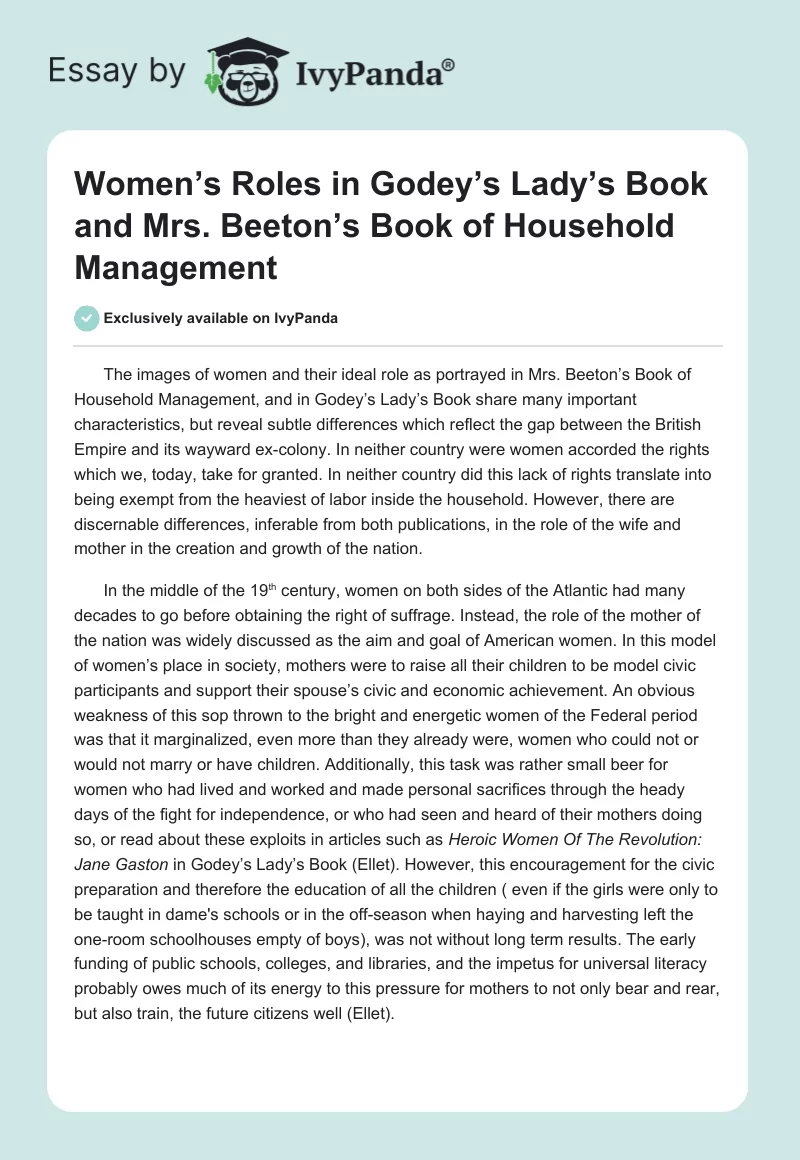 Women’s Roles in Godey’s Lady’s Book and Mrs. Beeton’s Book of Household Management. Page 1