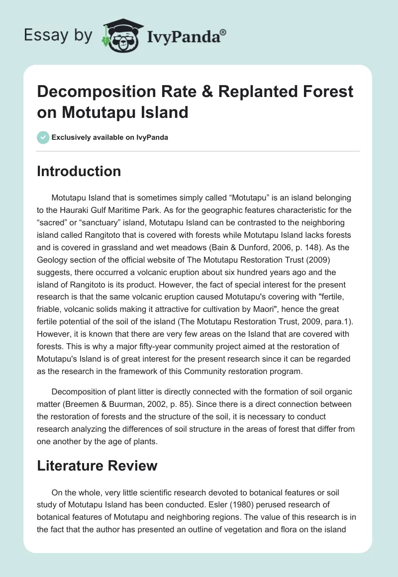 Decomposition Rate & Replanted Forest on Motutapu Island. Page 1