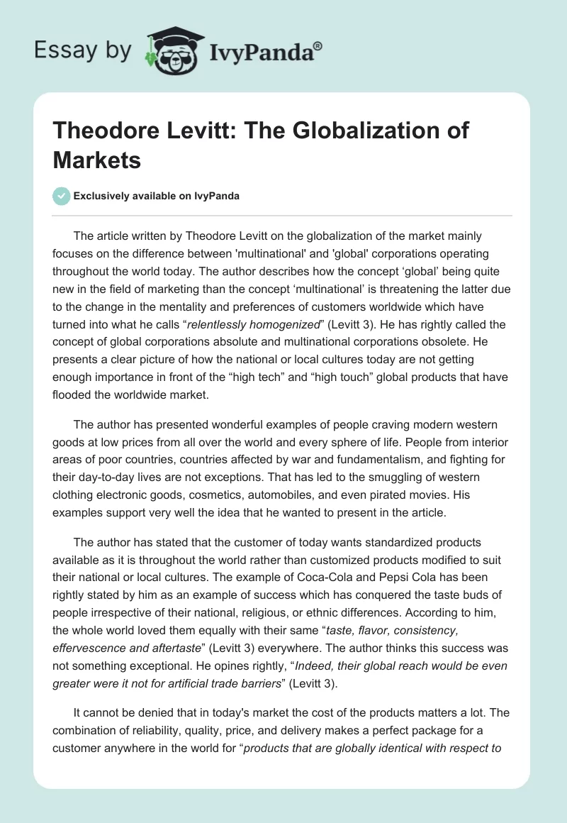 Theodore Levitt: The Globalization of Markets. Page 1