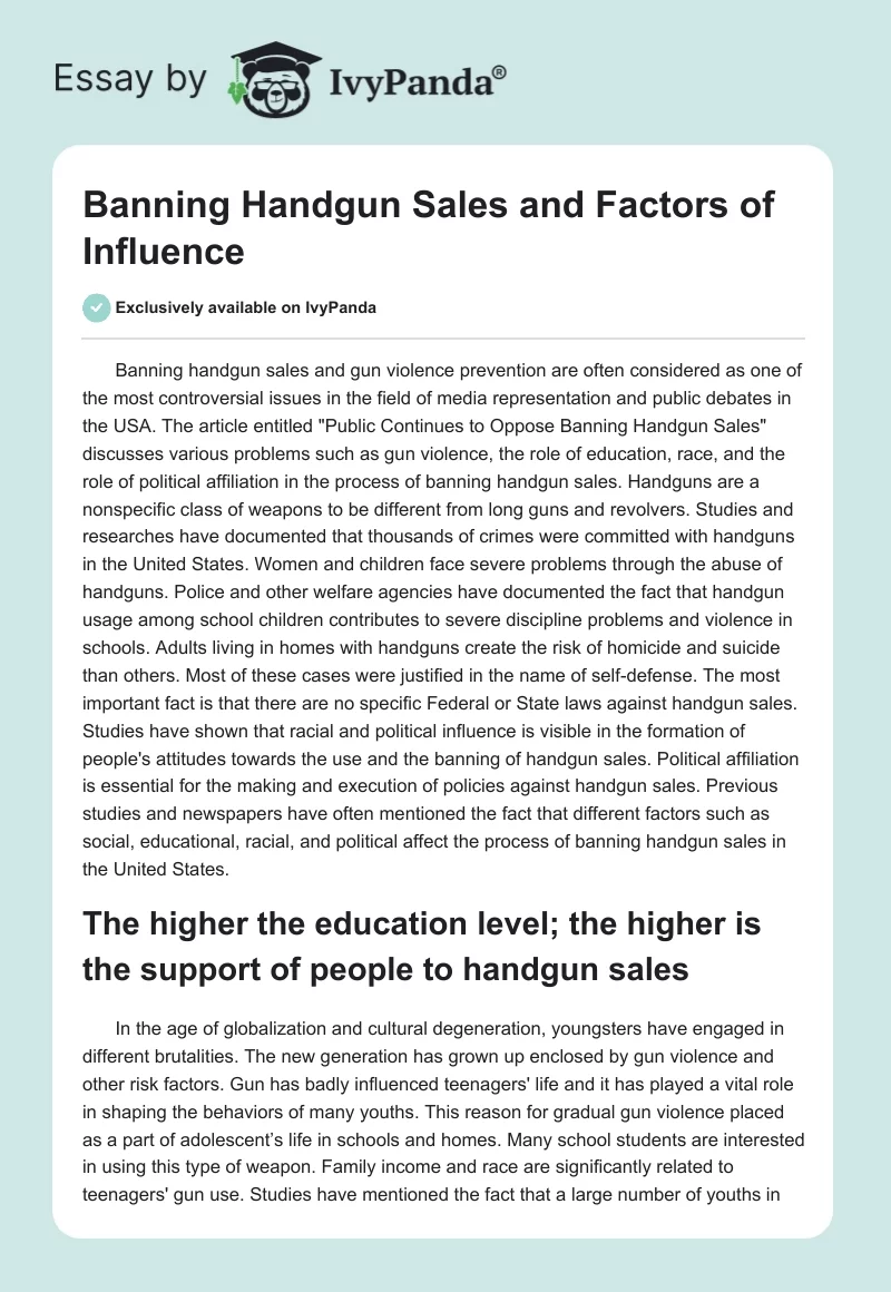 Banning Handgun Sales and Factors of Influence. Page 1