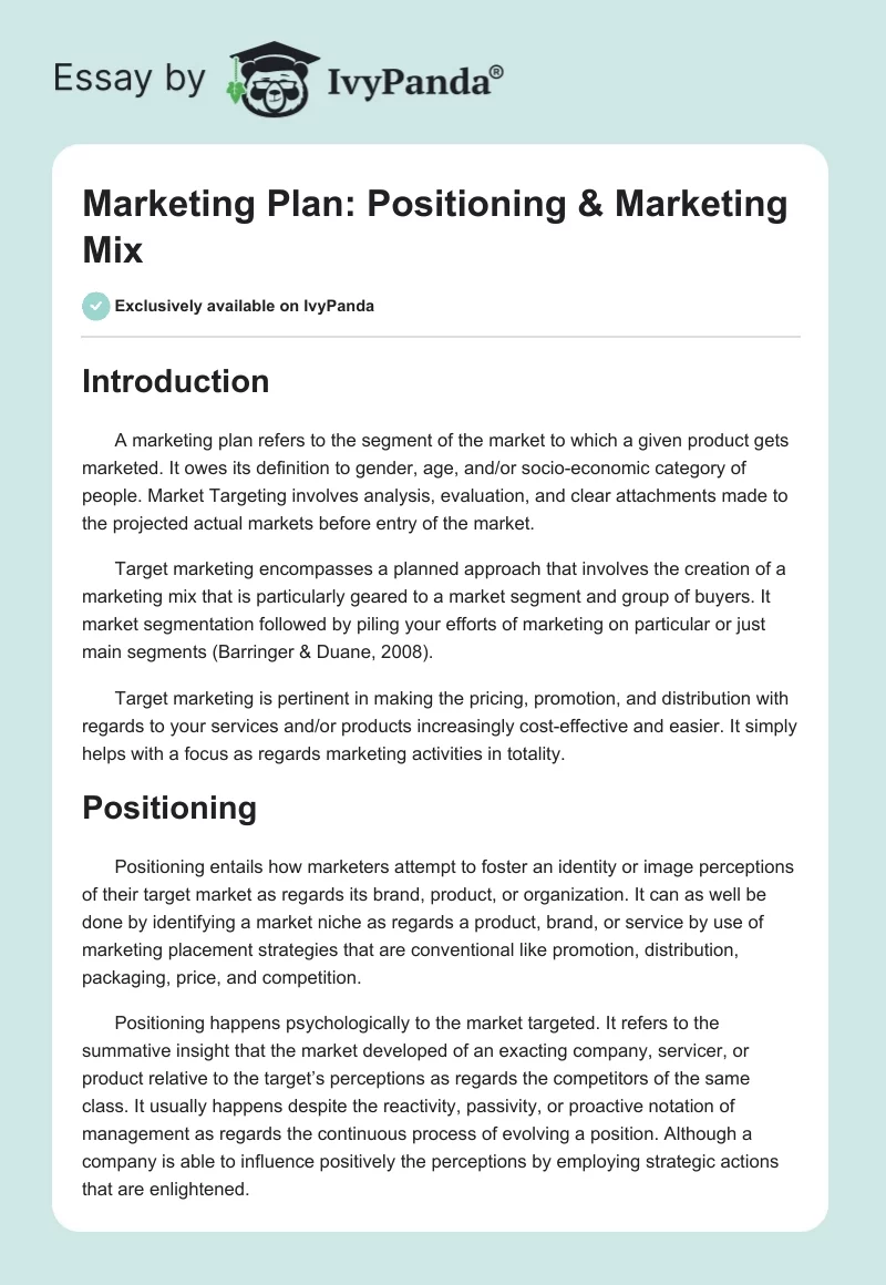Marketing Plan: Positioning & Marketing Mix. Page 1