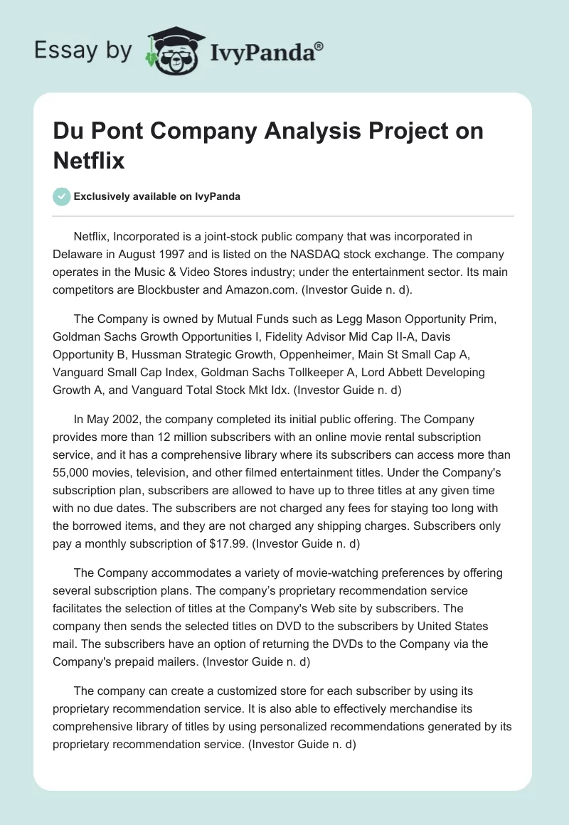 Du Pont Company Analysis Project on Netflix. Page 1