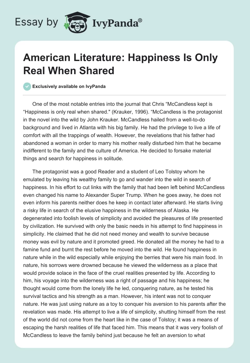 American Literature: Happiness Is Only Real When Shared. Page 1