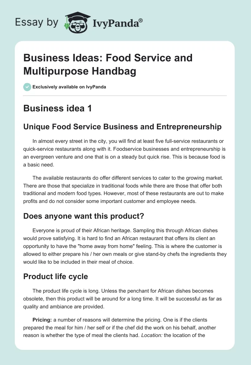 Business Ideas: Food Service and Multipurpose Handbag. Page 1