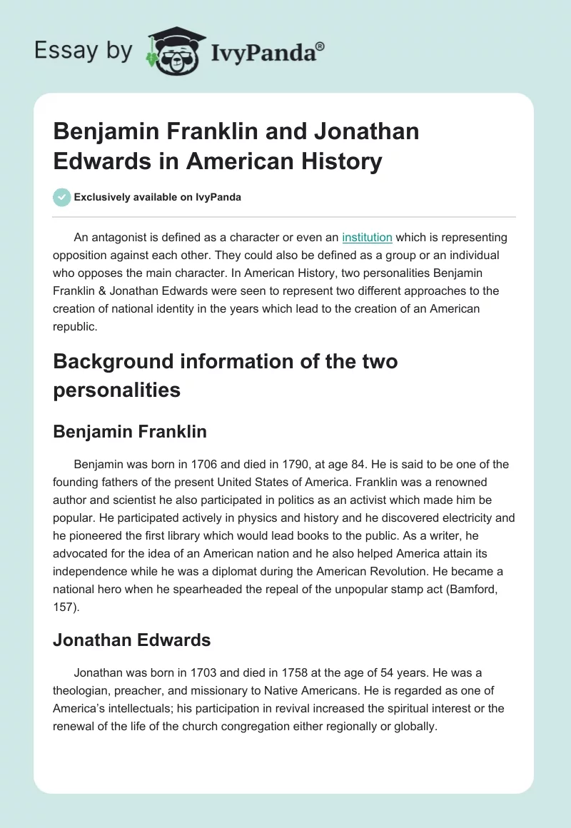 Benjamin Franklin and Jonathan Edwards in American History. Page 1