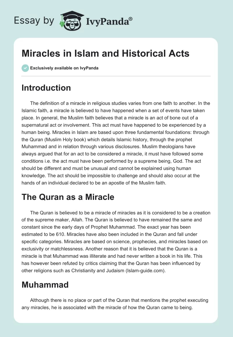 Miracles in Islam and Historical Acts. Page 1