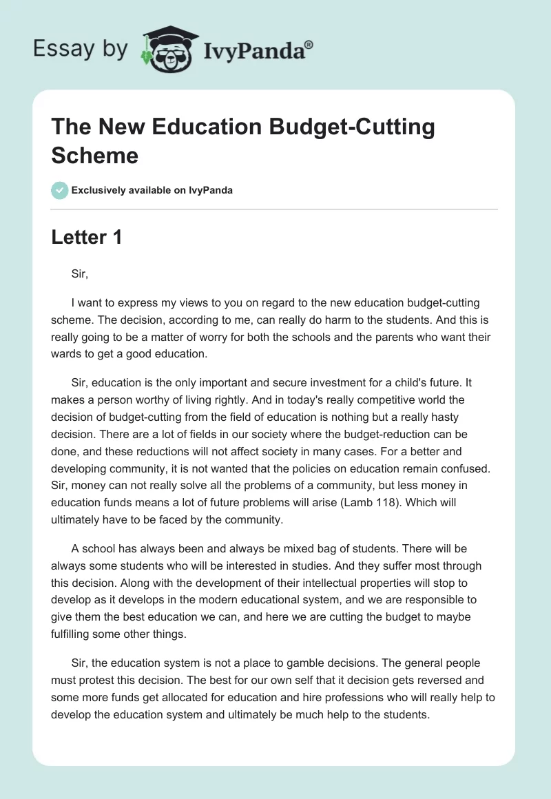The New Education Budget-Cutting Scheme. Page 1