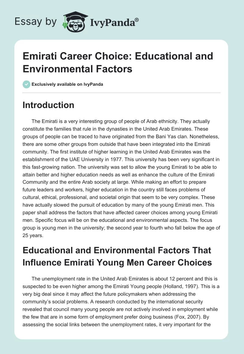 Emirati Career Choice: Educational and Environmental Factors. Page 1