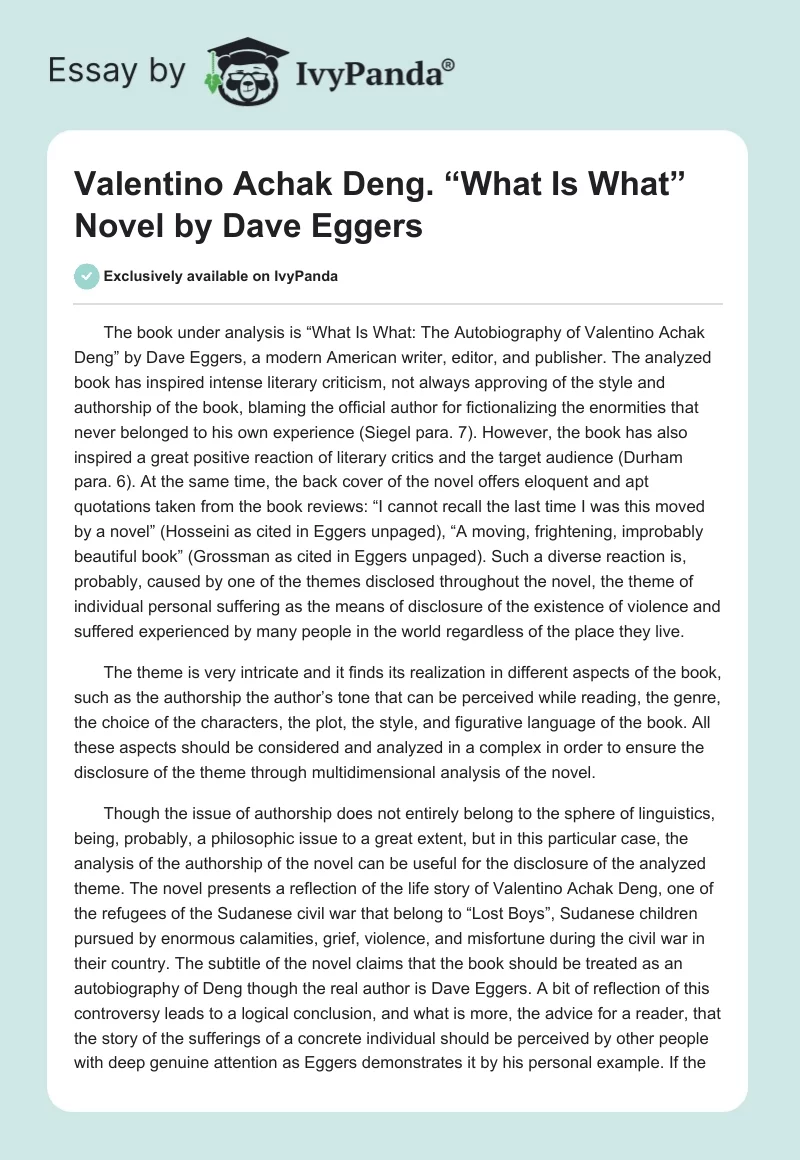 Valentino Achak Deng. “What Is What” Novel by Dave Eggers. Page 1