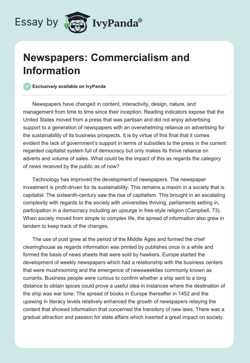 Newspapers: Commercialism and Information. Page 1