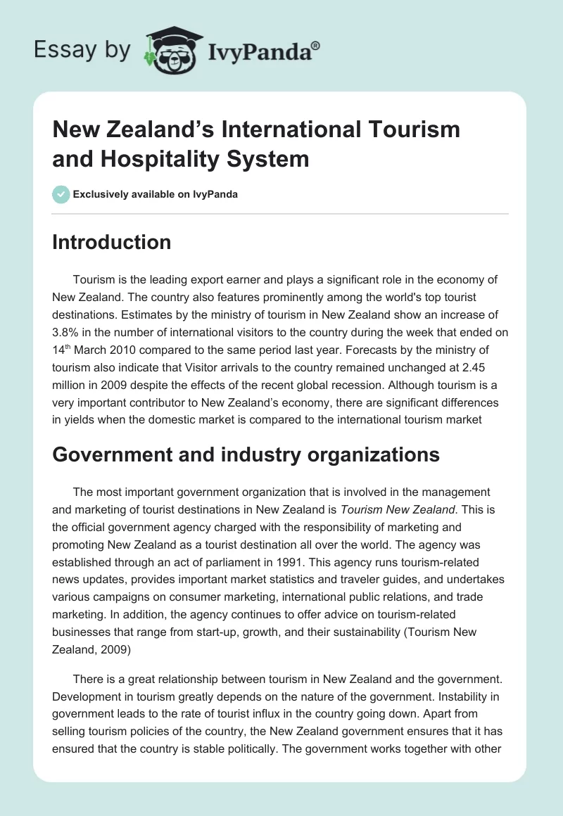 New Zealand’s International Tourism and Hospitality System. Page 1