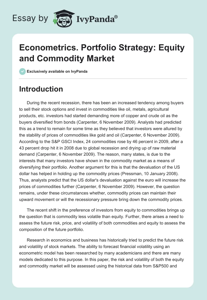 Econometrics. Portfolio Strategy: Equity and Commodity Market. Page 1