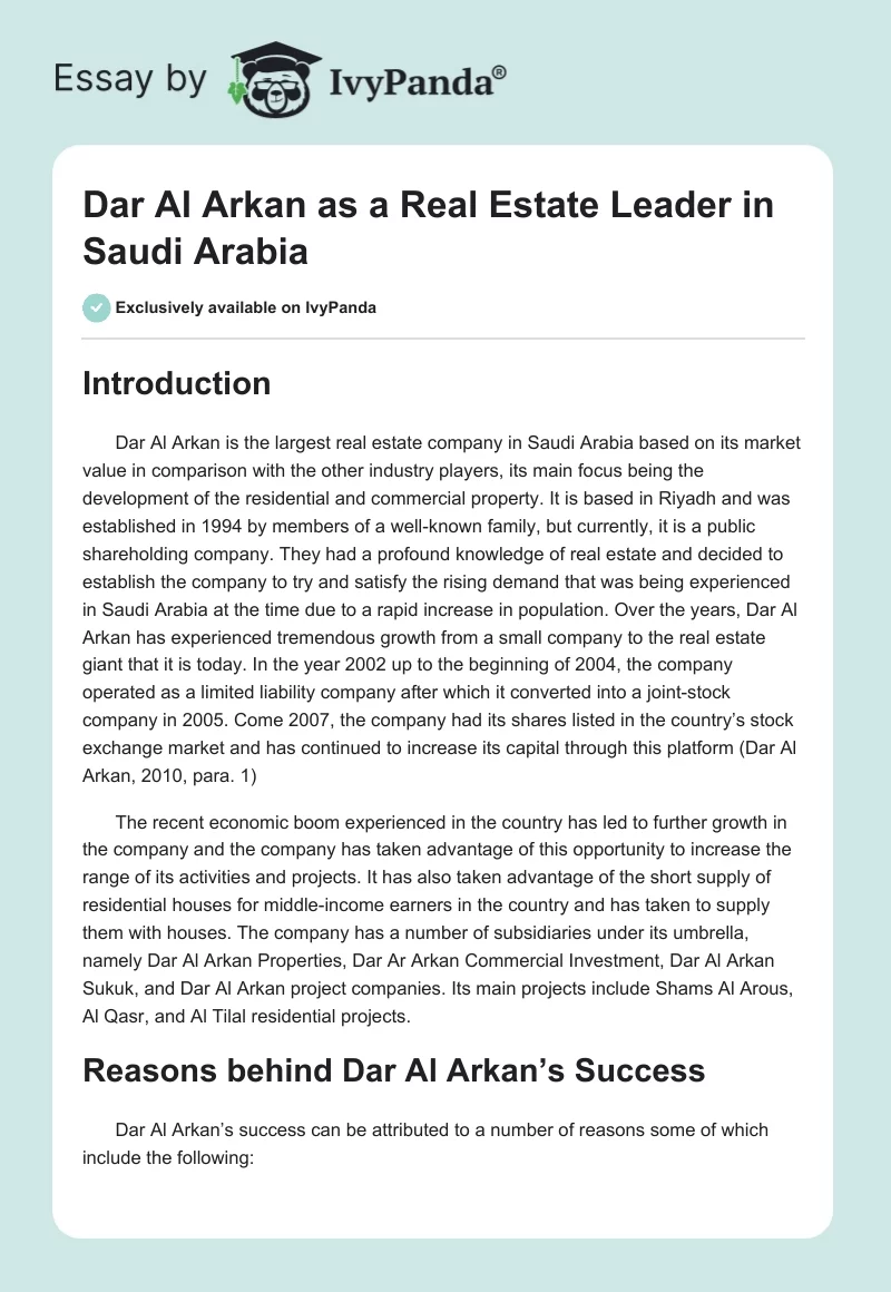 Dar Al Arkan as a Real Estate Leader in Saudi Arabia. Page 1