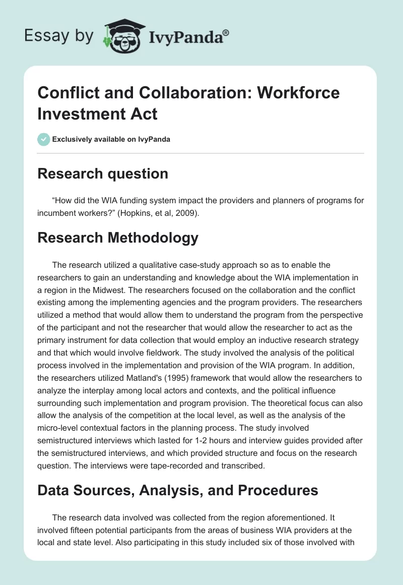 Conflict and Collaboration: Workforce Investment Act. Page 1