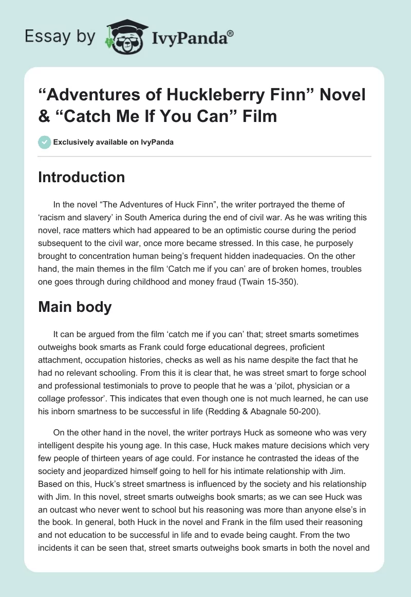 “Adventures of Huckleberry Finn” Novel & “Catch Me If You Can” Film. Page 1