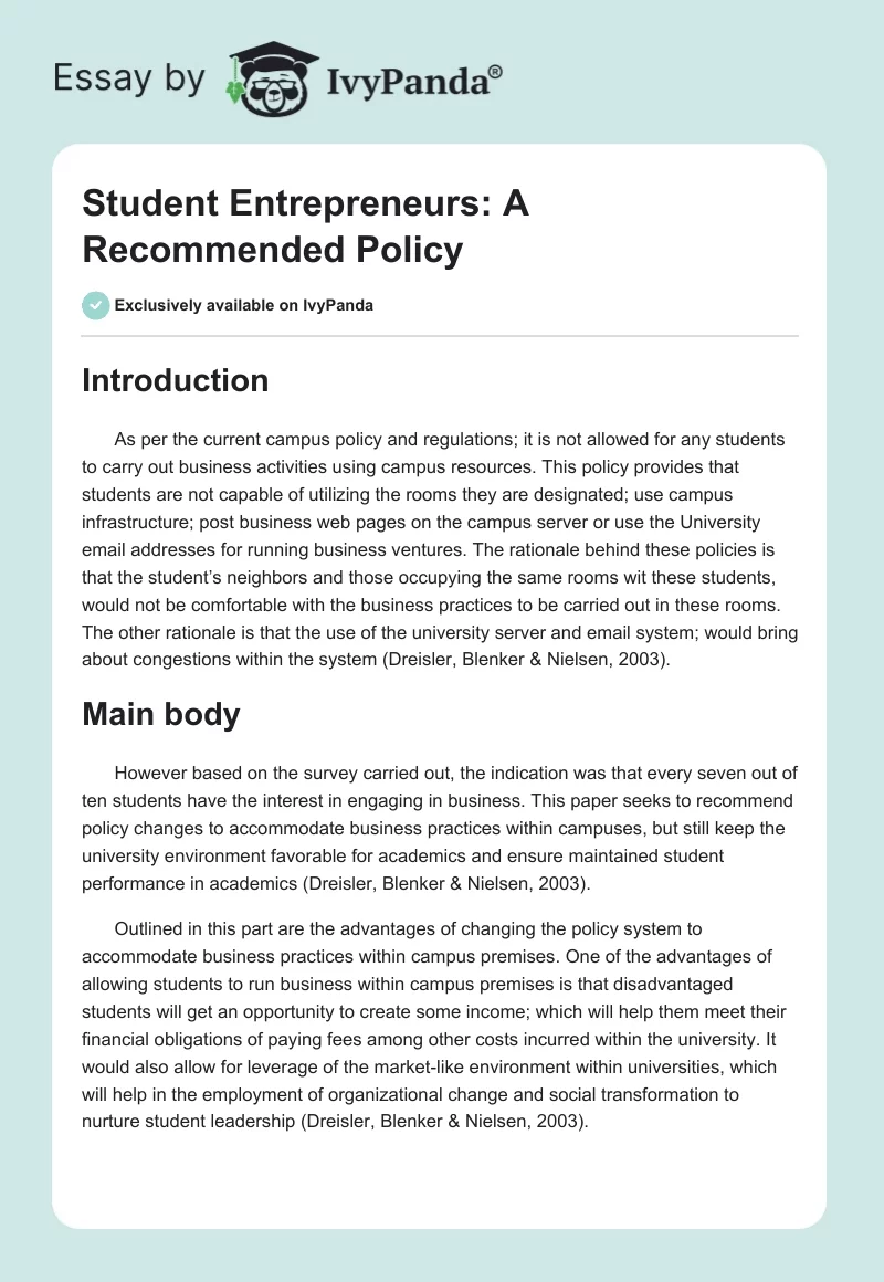 Student Entrepreneurs: A Recommended Policy. Page 1
