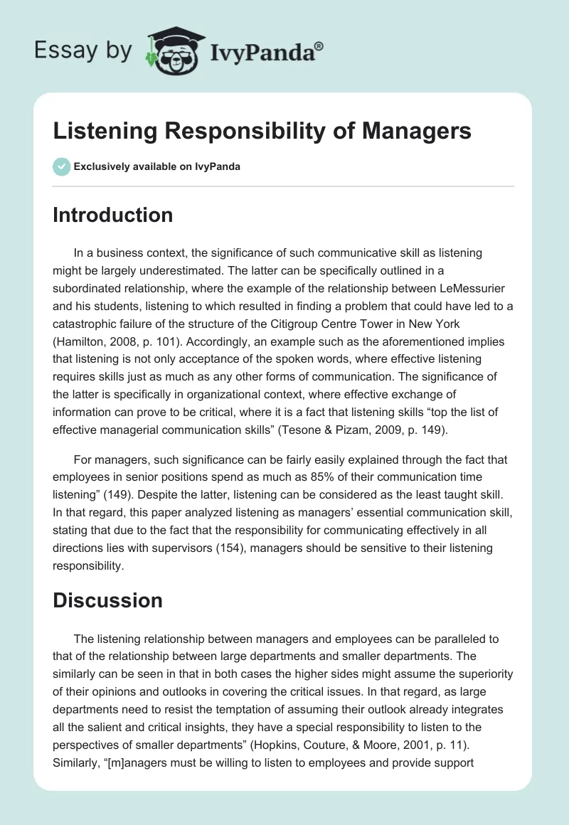 Listening Responsibility of Managers. Page 1