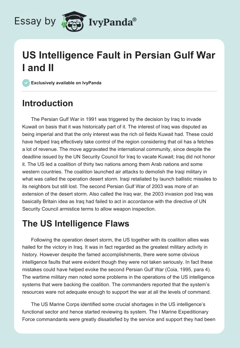 US Intelligence Fault in Persian Gulf War I and II. Page 1