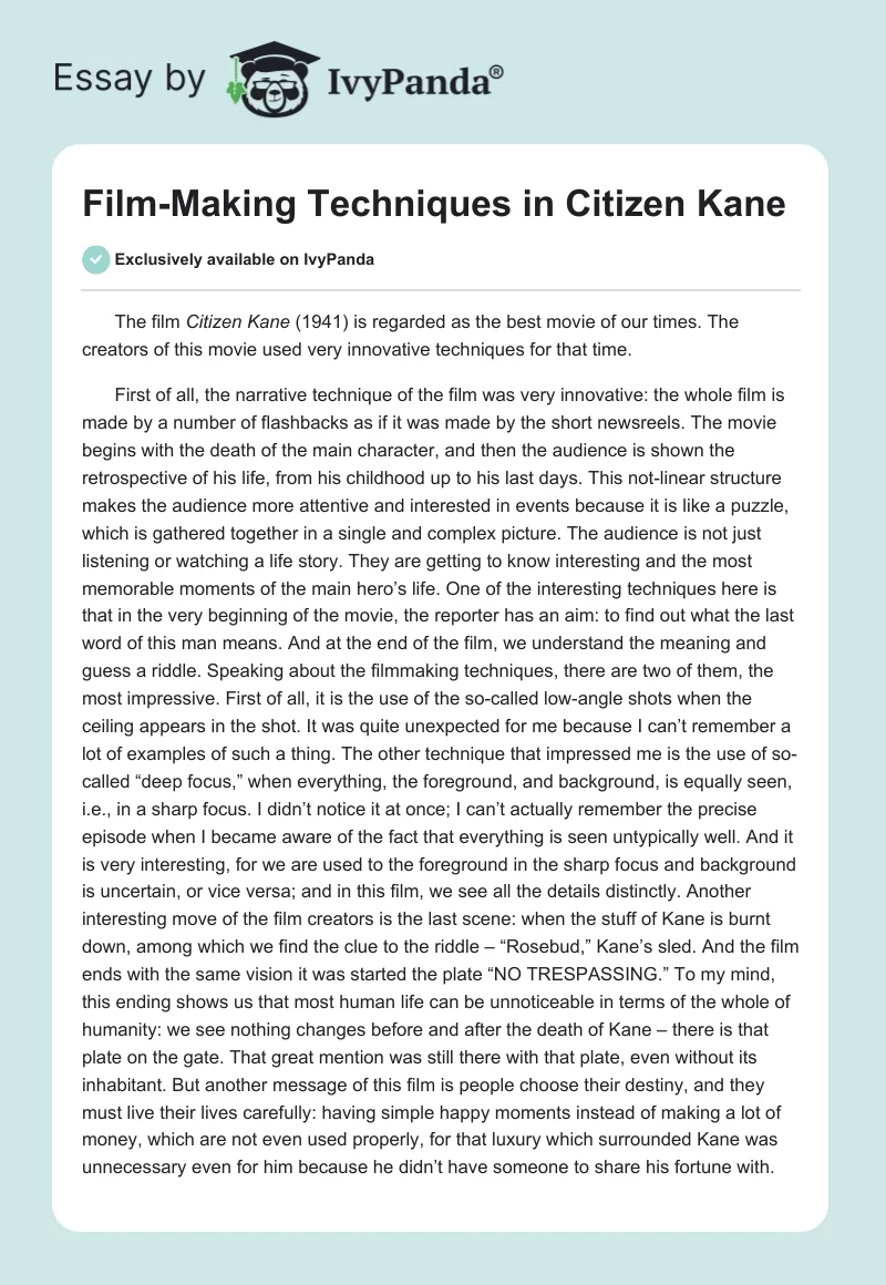 Film-Making Techniques in "Citizen Kane". Page 1