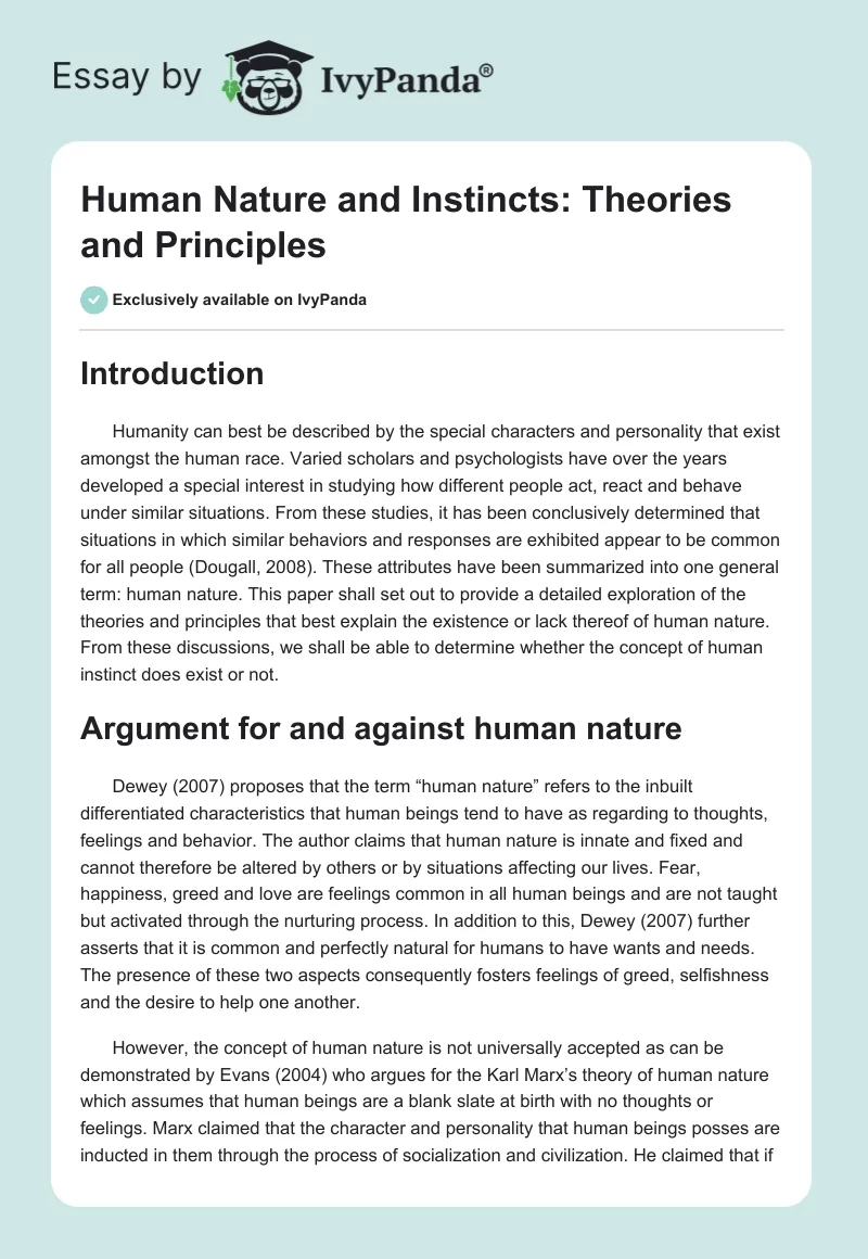 Human Nature and Instincts: Theories and Principles. Page 1