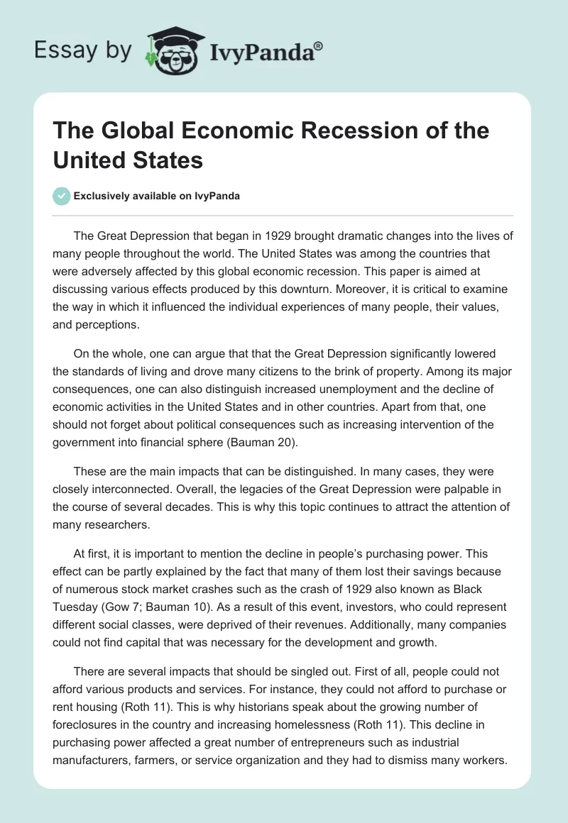 The Global Economic Recession of the United States. Page 1