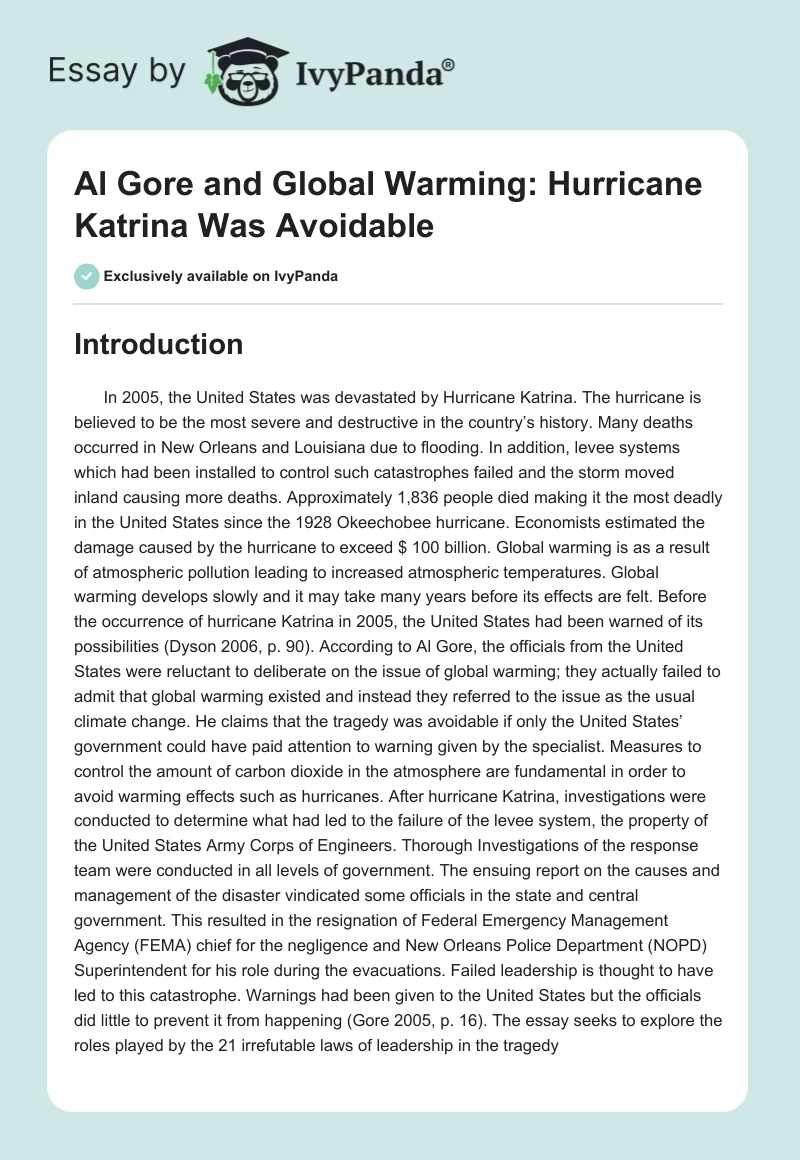 Al Gore and Global Warming: Hurricane Katrina Was Avoidable. Page 1