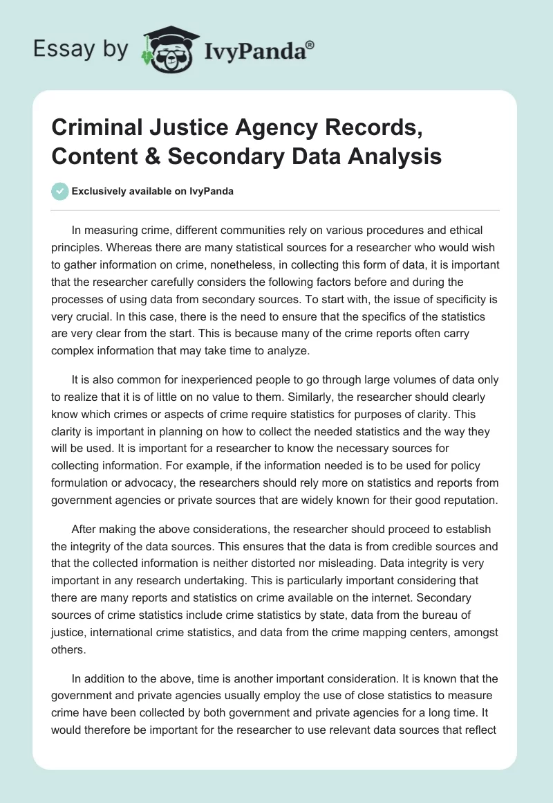 Criminal Justice Agency Records, Content & Secondary Data Analysis. Page 1