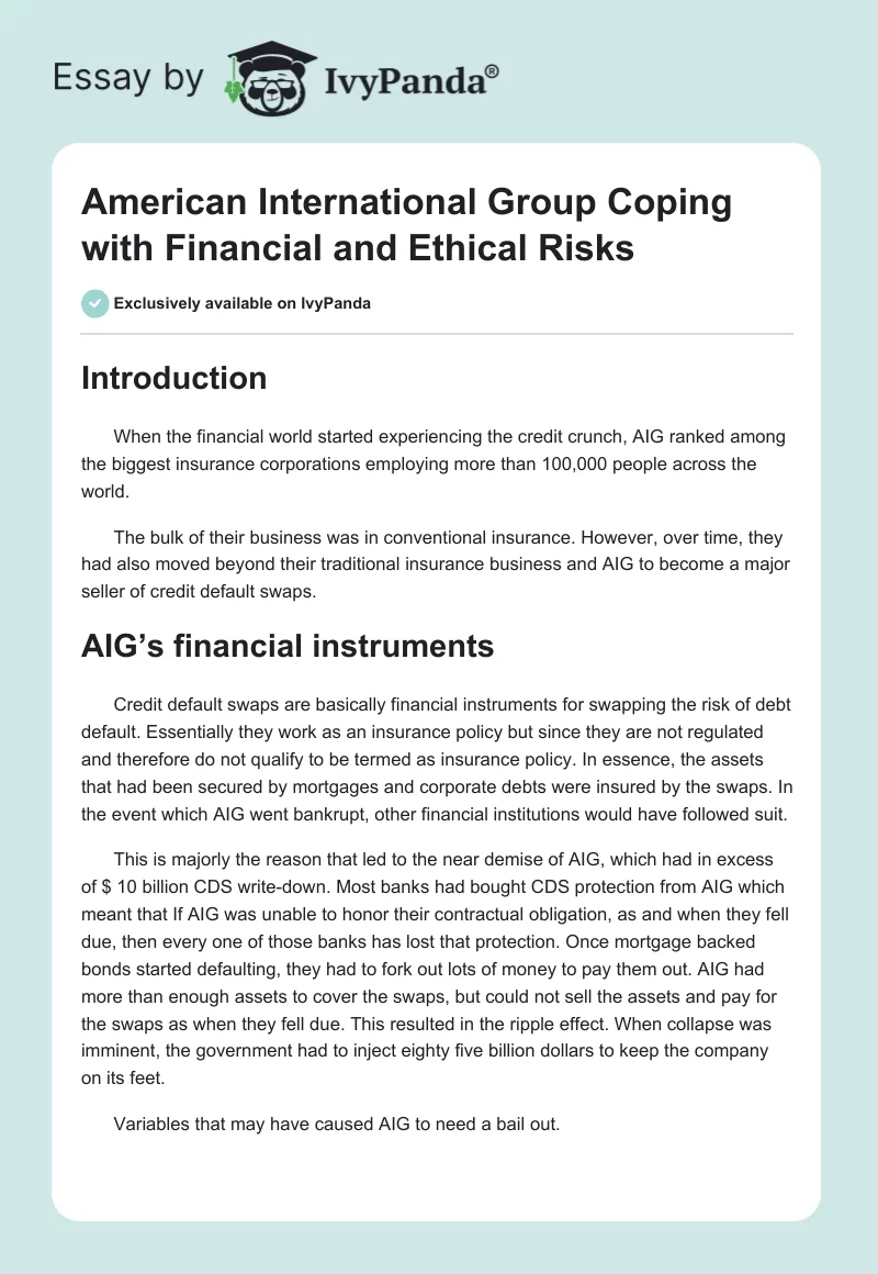American International Group Coping with Financial and Ethical Risks. Page 1