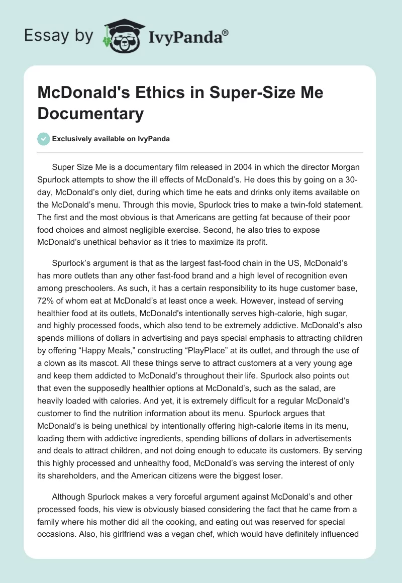 McDonald's Ethics in Super-Size Me Documentary. Page 1