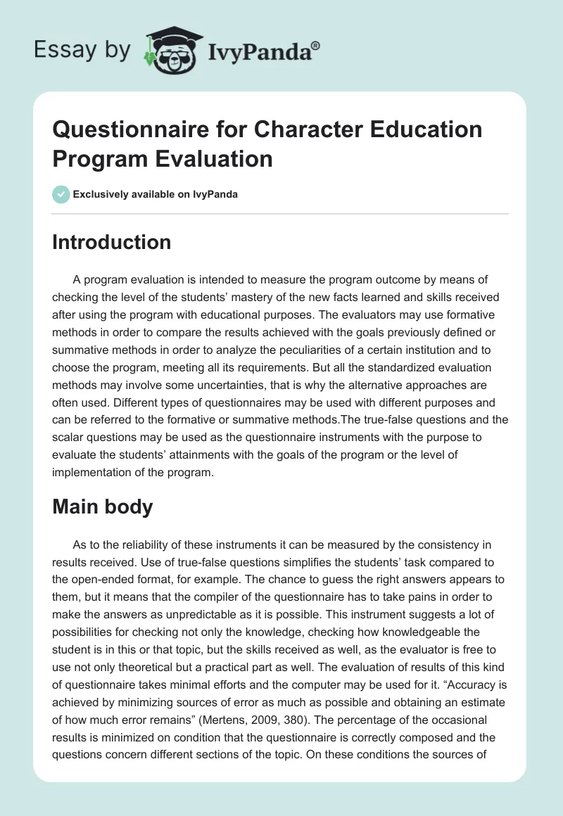 Questionnaire for Character Education Program Evaluation. Page 1