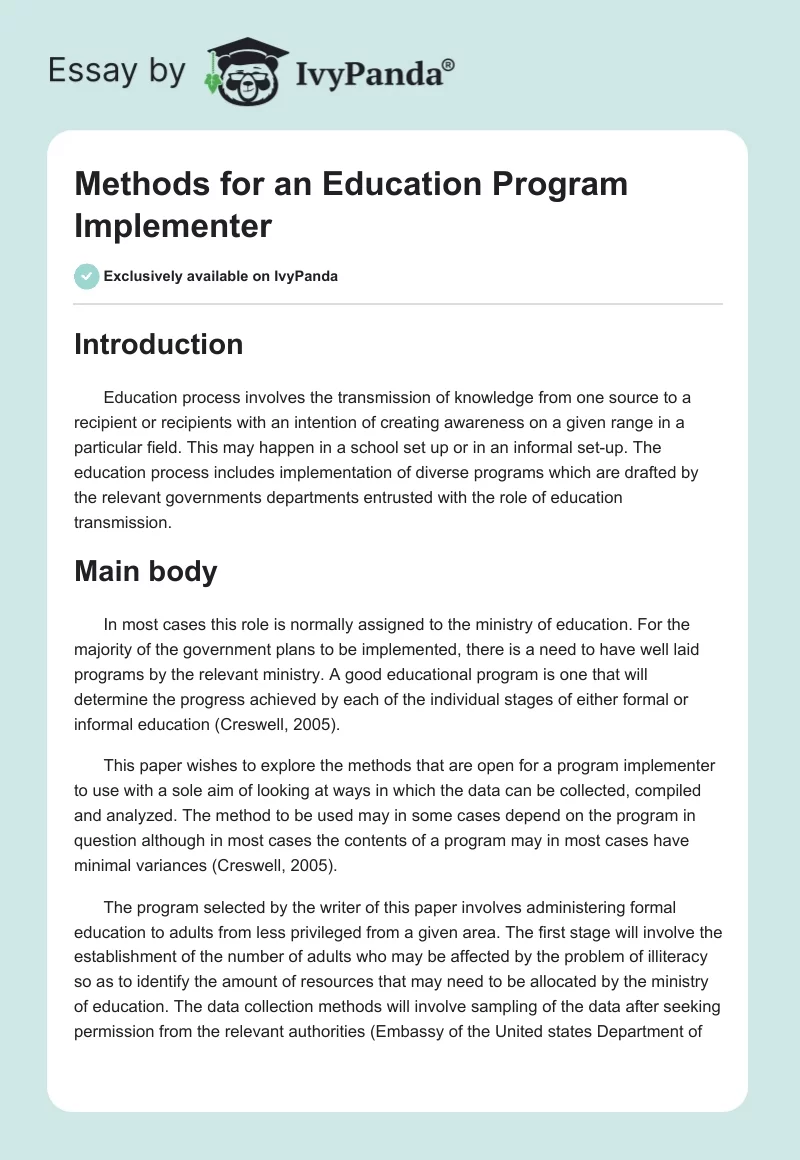 Methods for an Education Program Implementer. Page 1