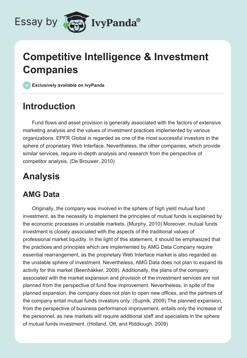 Competitive Intelligence & Investment Companies. Page 1