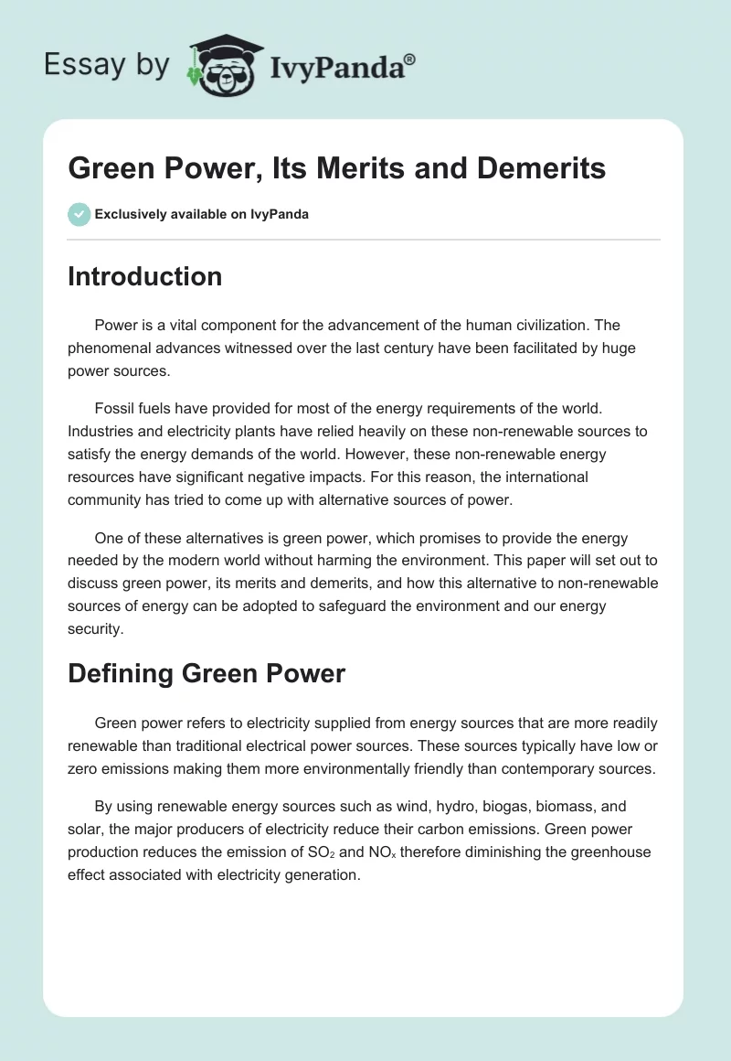 Green Power, Its Merits and Demerits. Page 1