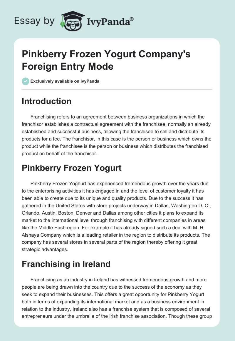Pinkberry Frozen Yogurt Company's Foreign Entry Mode. Page 1