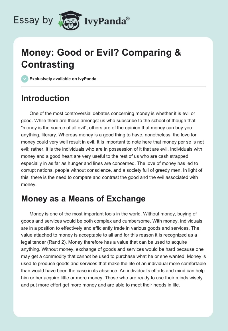 Money: Good or Evil? Comparing & Contrasting. Page 1