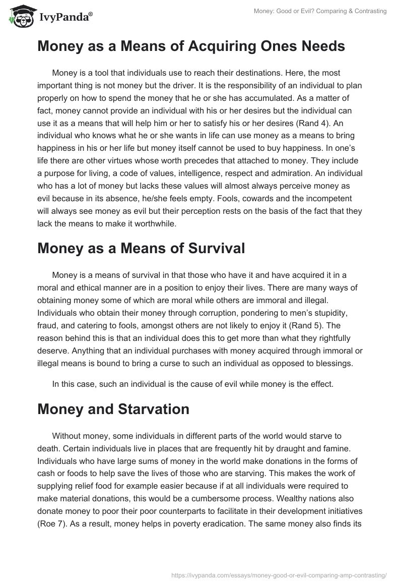 Money: Good or Evil? Comparing & Contrasting. Page 2