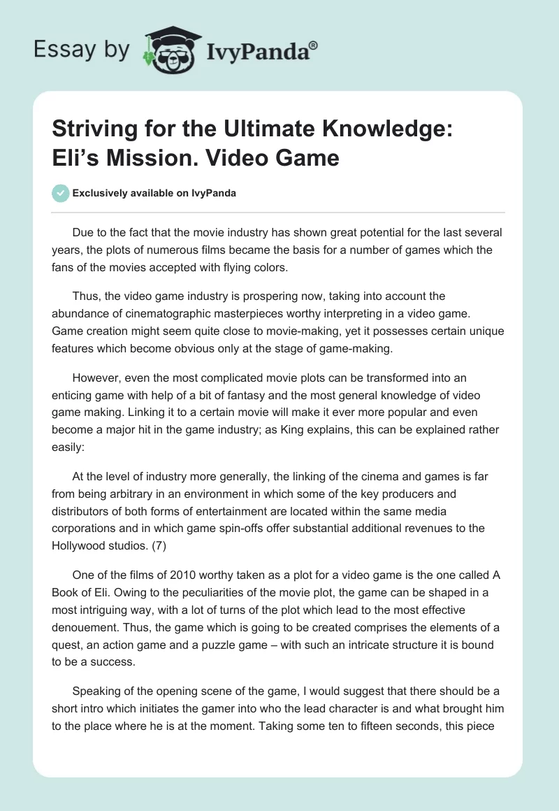 Striving for the Ultimate Knowledge: Eli’s Mission. Video Game. Page 1