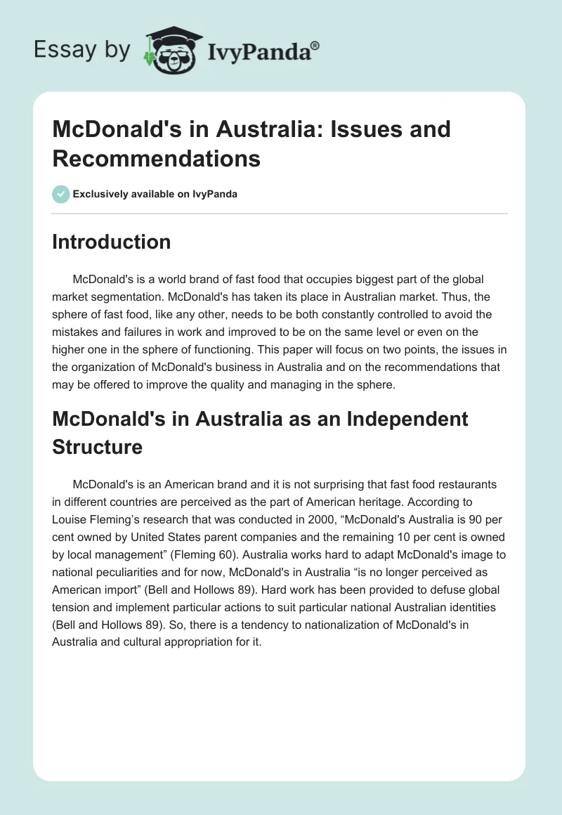 McDonald's in Australia: Issues and Recommendations. Page 1